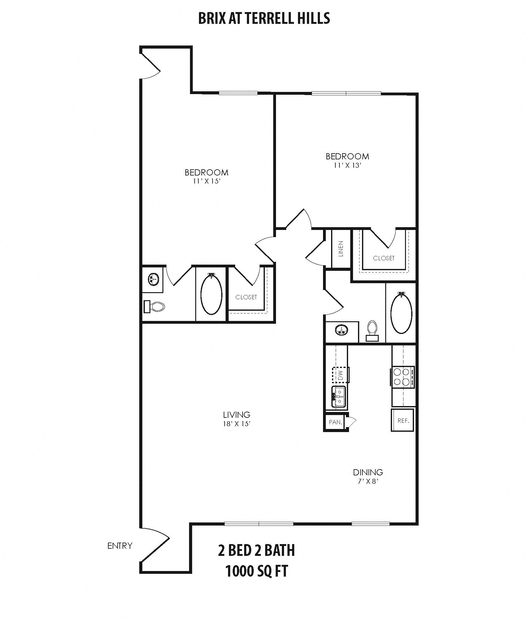 Floor plan for 2 beds, 2 baths, 1000 sqft